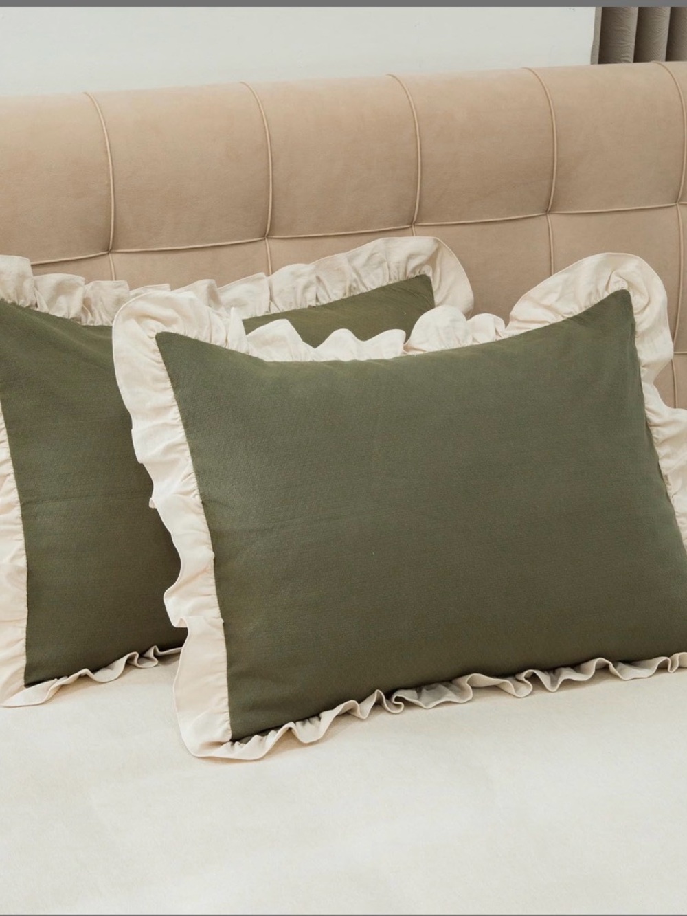 Olive Green Ruffled Pillow Shams with Cream Trim